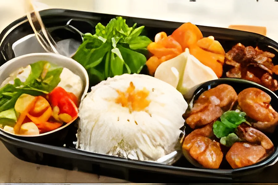 Hộp cơm văn phòng với thịt nướng, cơm trắng, rau và trứng